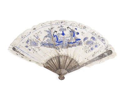 Lot 16 - CHINESE SILVER FILIGREE AND PAINTED FEATHER FAN