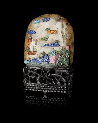 Lot 180 - CHINESE JADE AND HARDSTONE MOUNTED SCHOLAR'S BOULDER