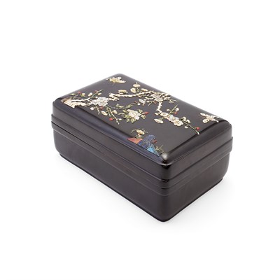 Lot 87 - CHINESE LACQUER, MOTHER OF PEARL AND HARDSTONE INSET BOX