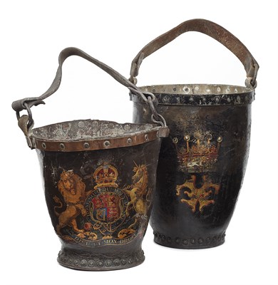 Lot 157 - TWO GEORGIAN PAINTED LEATHER FIRE BUCKETS