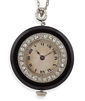 Lot 42 - A Cartier style diamond, onyx pendant watch