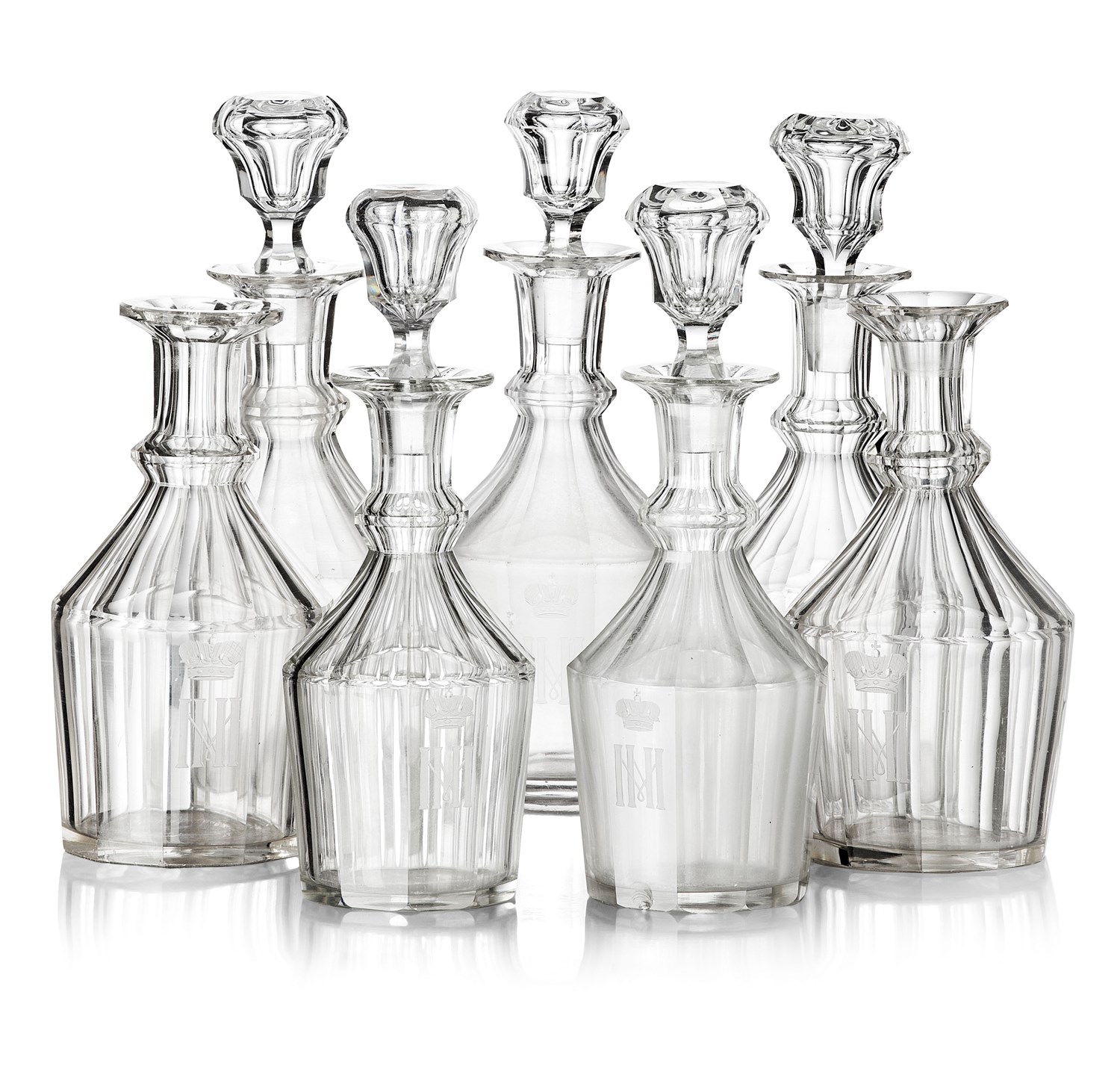 Lot 285 - SEVEN RUSSIAN IMPERIAL GLASS WORKS DECANTERS FROM A GRAND DUKE MICHAEL NIKOLAEVICH BANQUET SERVICE