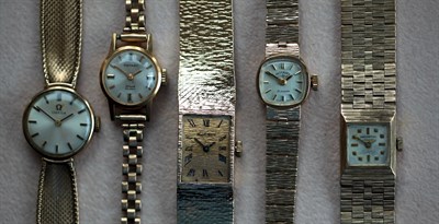 Lot 368 - OMEGA - FROST & REED - ROTARY - WINEGARTENS a group of five mid 20th century gold ladies wrist watches