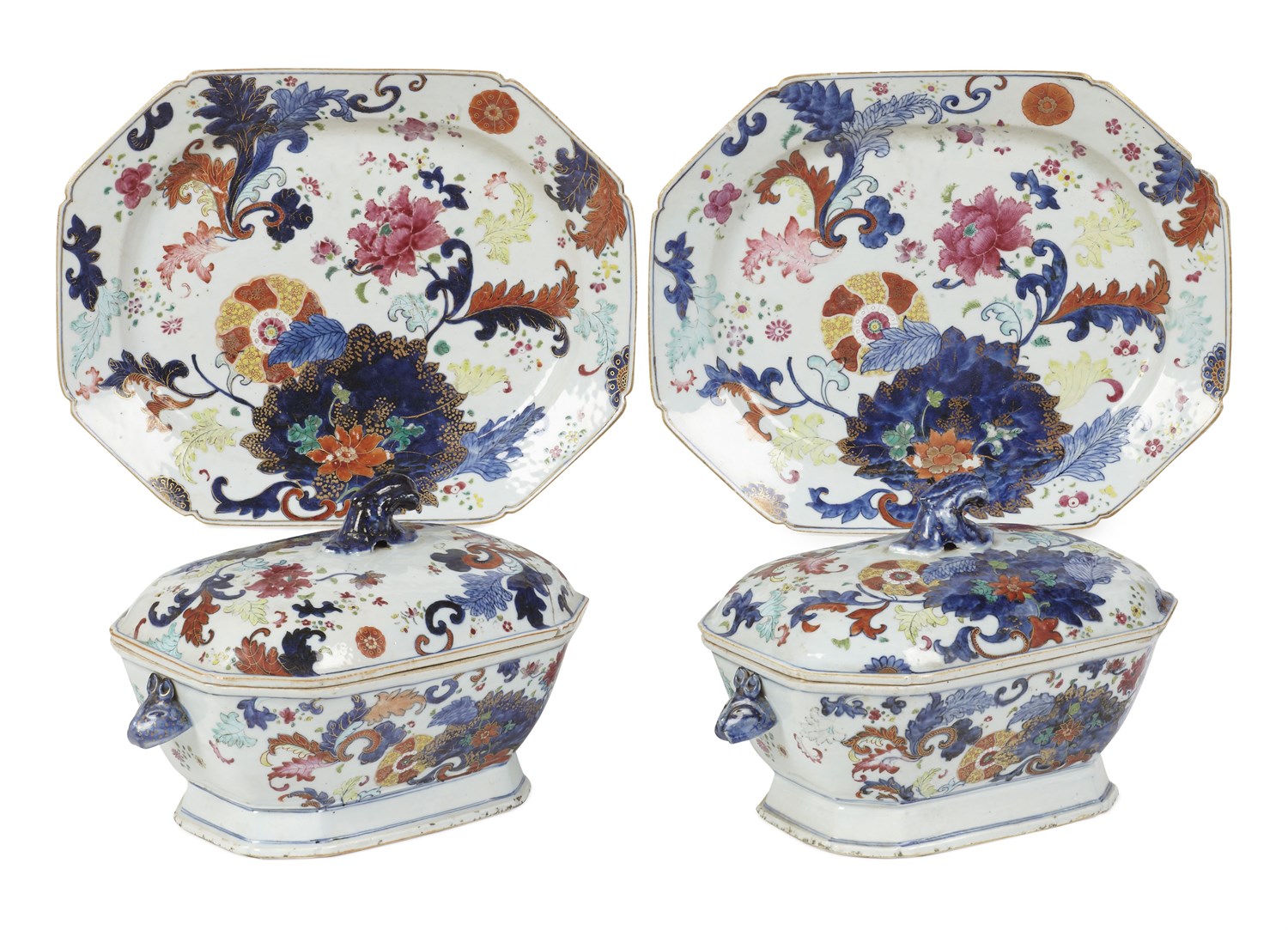 Lot 359 - PAIR OF CHINESE EXPORT 'PSEUDO TOBACCO LEAF' TUREENS AND PLATTERS