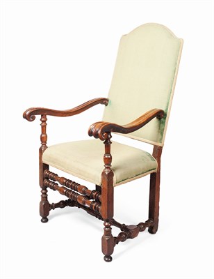 Lot 18 - CHARLES II WALNUT AND UPHOLSTERED OPEN ARMCHAIR