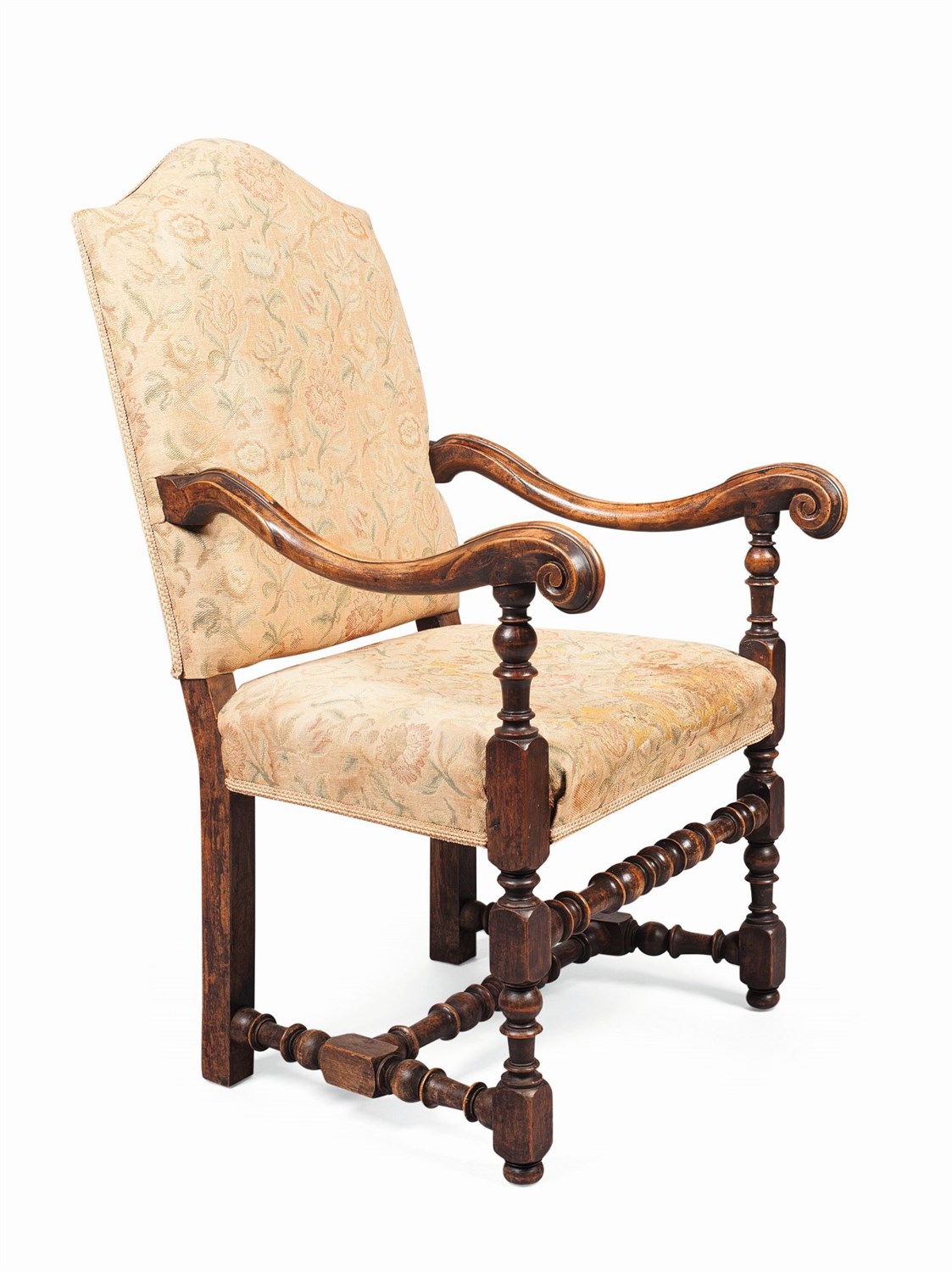 Lot 41 - WILLIAM & MARY WALNUT UPHOLSTERED OPEN ARMCHAIR