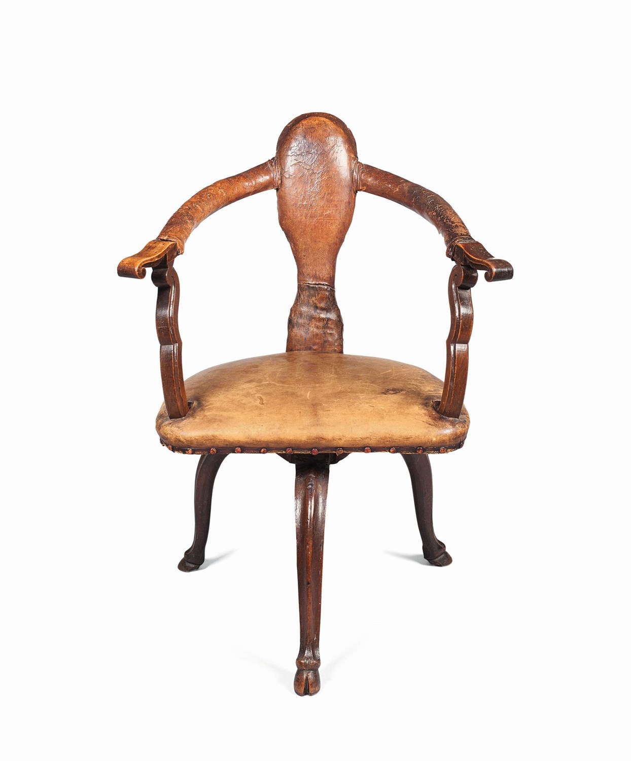 Lot 103 - CONTINENTAL WALNUT AND LEATHER UPHOLSTERED WRITING CHAIR