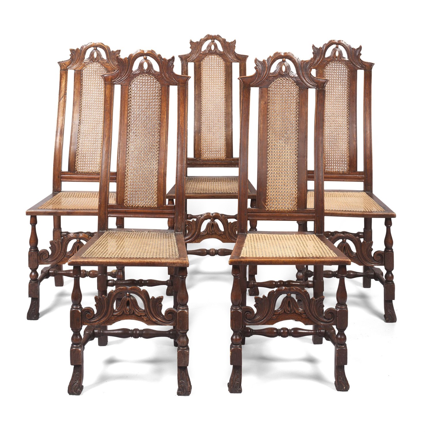 Lot 82 - SET OF FIVE CARVED CONTINENTAL STAINED BEECHWOOD CHAIRS
