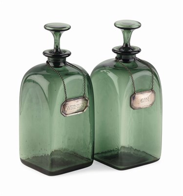 Lot 67 - PAIR OF GREEN GLASS DECANTERS