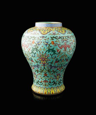 Lot 429 - A LIME-GREEN GROUND FAMILLE ROSE MEIPING VASE