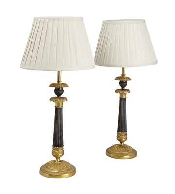 Lot 83 - PAIR OF GILT AND PATINATED METAL LAMPS