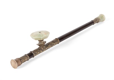Lot 106 - A HARDWOOD, BRASS AND SOAPSTONE MOUNTED OPIUM PIPE