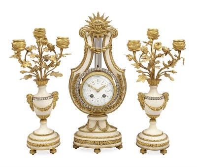 Lot 117 - FRENCH ORMOLU AND WHITE MARBLE THREE PIECE CLOCK GARNITURE