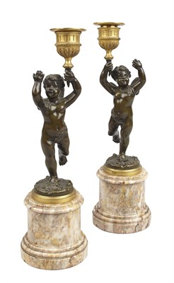 Lot 112 - PAIR OF FRENCH BRONZE AND MARBLE CANDLESTICKS