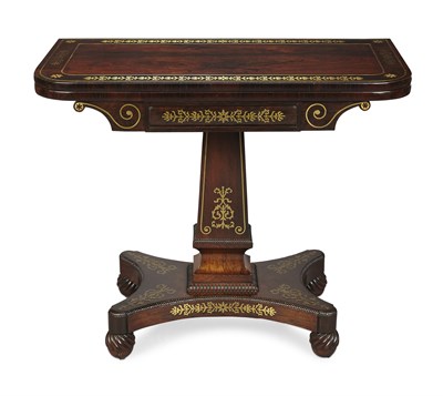 Lot 89 - REGENCY ROSEWOOD AND BRASS INLAY FOLDOVER GAMES TABLE