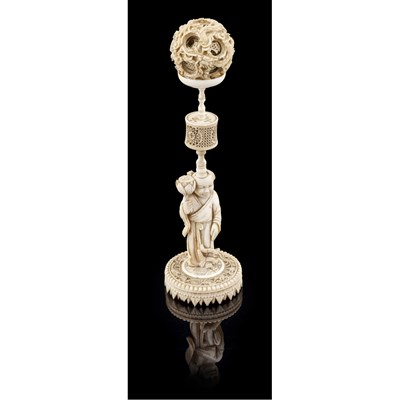 Lot 94 - CARVED IVORY PUZZLE BALL AND STAND