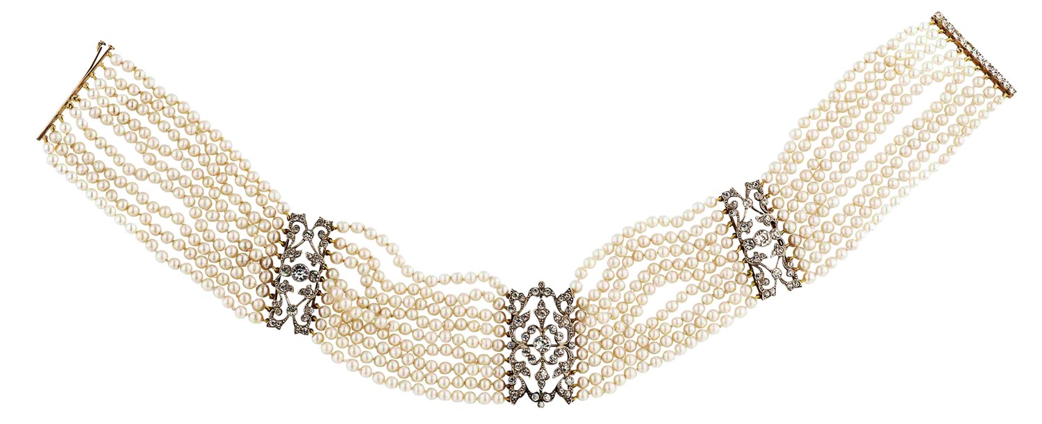 Lot 1 - A Belle Epoque pearl and paste set 'dog collar' necklace