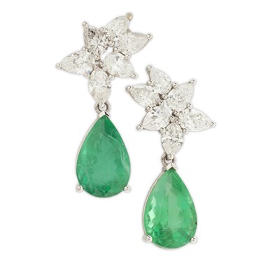 Lot 14 - A pair of emerald and diamond set ear pendants