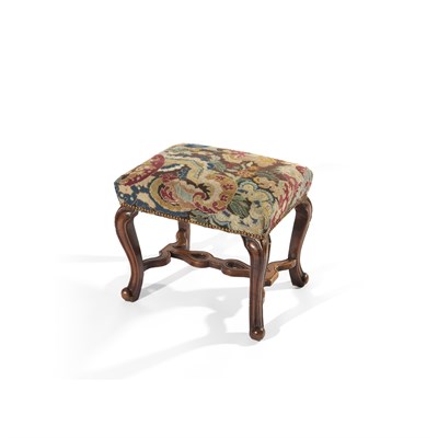 Lot 11 - A QUEEN ANNE WALNUT AND UPHOLSTERED STOOL