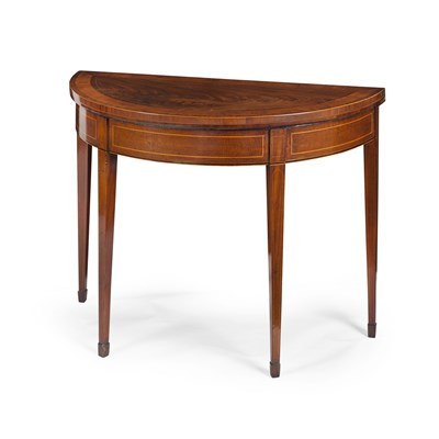 Lot 17 - A GEORGE III MAHOGANY AND SATINWOOD BANDED DEMILUNE CARD TABLE