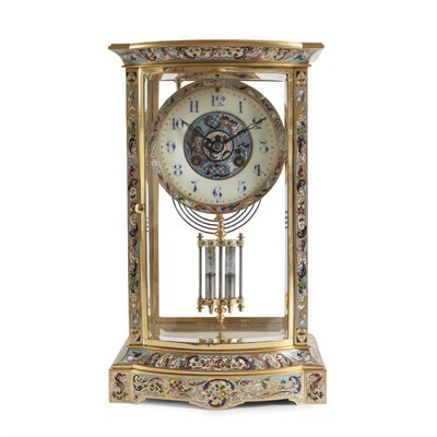 Lot 74 - A FRENCH BRASS AND CHAMPLEVE ENAMEL FOUR GLASS MANTEL CLOCK