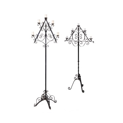 Lot 39 - TWO WROUGHT IRON STANDING CANDELABRA