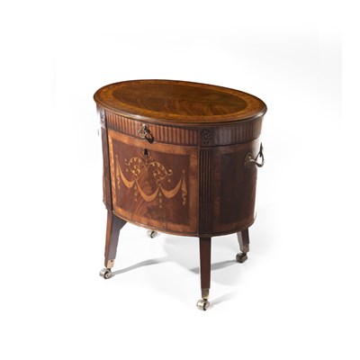 Lot 104 - A GEORGE III MAHOGANY, SATINWOOD AND MARQUETRY INLAID WINE COOLER