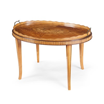 Lot 117 - A GEORGE III SATINWOOD AND INLAID OVAL TEA TRAY ON STAND