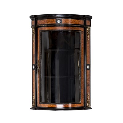Lot 127 - A VICTORIAN PERIOD AMBOYNA, EBONISED AND JAPSERWARE MOUNTED HANGING CORNER CABINET