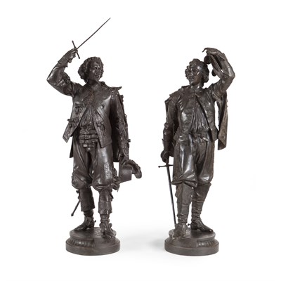Lot 32 - PAIR OF LARGE PATINATED SPELTER FIGURES OF CAVALIERS
