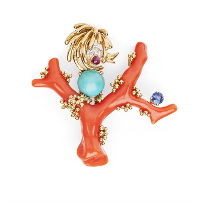 Lot 72 - A 1960's 18ct gold mounted coral and multi-gem set novelty brooch