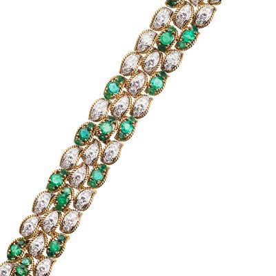 Lot 60 - VAN CLEEF & ARPELS - A mid-20th century 18ct gold mounted emerald and diamond bracelet