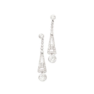 Lot 2 - A pair of Art Deco diamond set pendant earrings