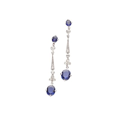Lot 10 - A pair of early 20th century sapphire and diamond set pendant earrings