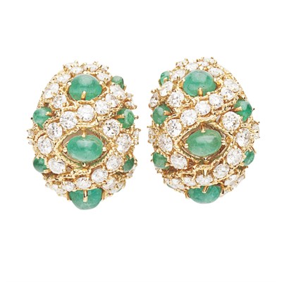 Lot 7 - KUTCHINSKY - A 1970s pair of emerald and diamond ear clips