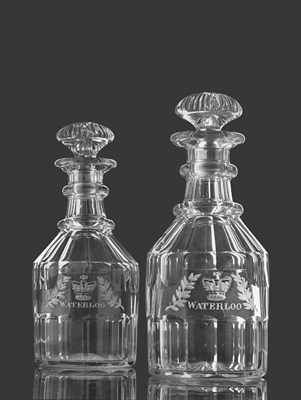 Lot 629 - PAIR OF COMMEMORATIVE CUT GLASS 'WATERLOO' GLASS DECANTERS & STOPPERS