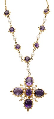Lot 195 - A 9ct gold amethyst and pearl pendant necklace
