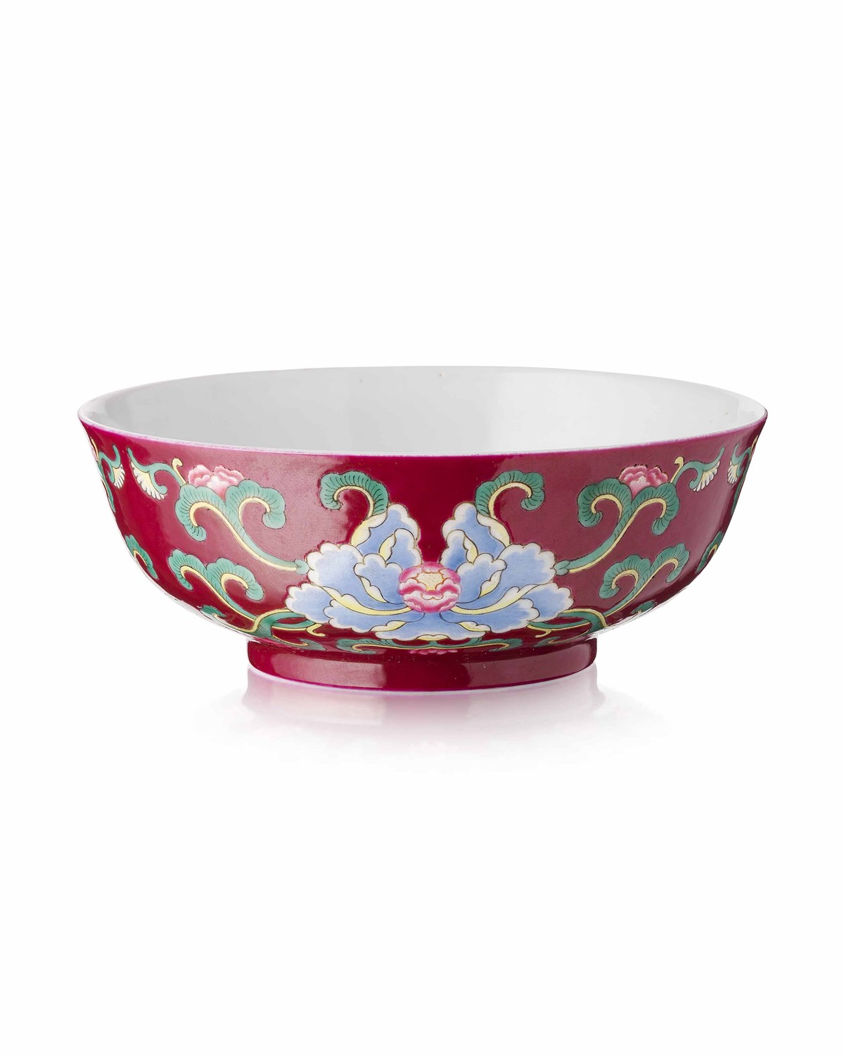 866 - FINE AND RARE RUBY-GROUND FAMILLE-ROSE 'PEONY' BOWL