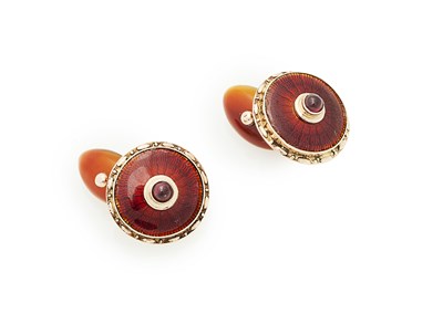 Lot 34 - A pair of Russian 15ct gold enamel and amber cufflinks