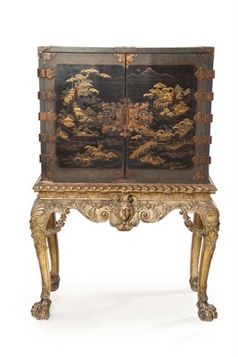 Lot 54 - JAPANESE BLACK AND GILT LACQUER CABINET ON...