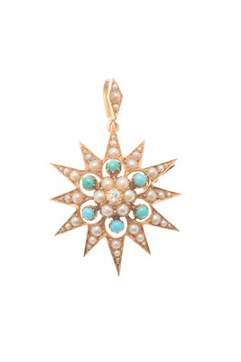 Lot 48 - An Edwardian pearl, turquoise and diamond set brooch/pendant
