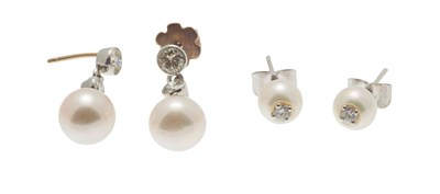 Lot 110 - Two pairs of diamond and pearl earrings