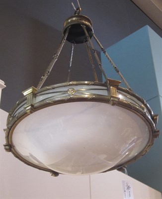 Lot 107A - TWO BRASS AND OPALINE GLASS PENDANT LIGHTS