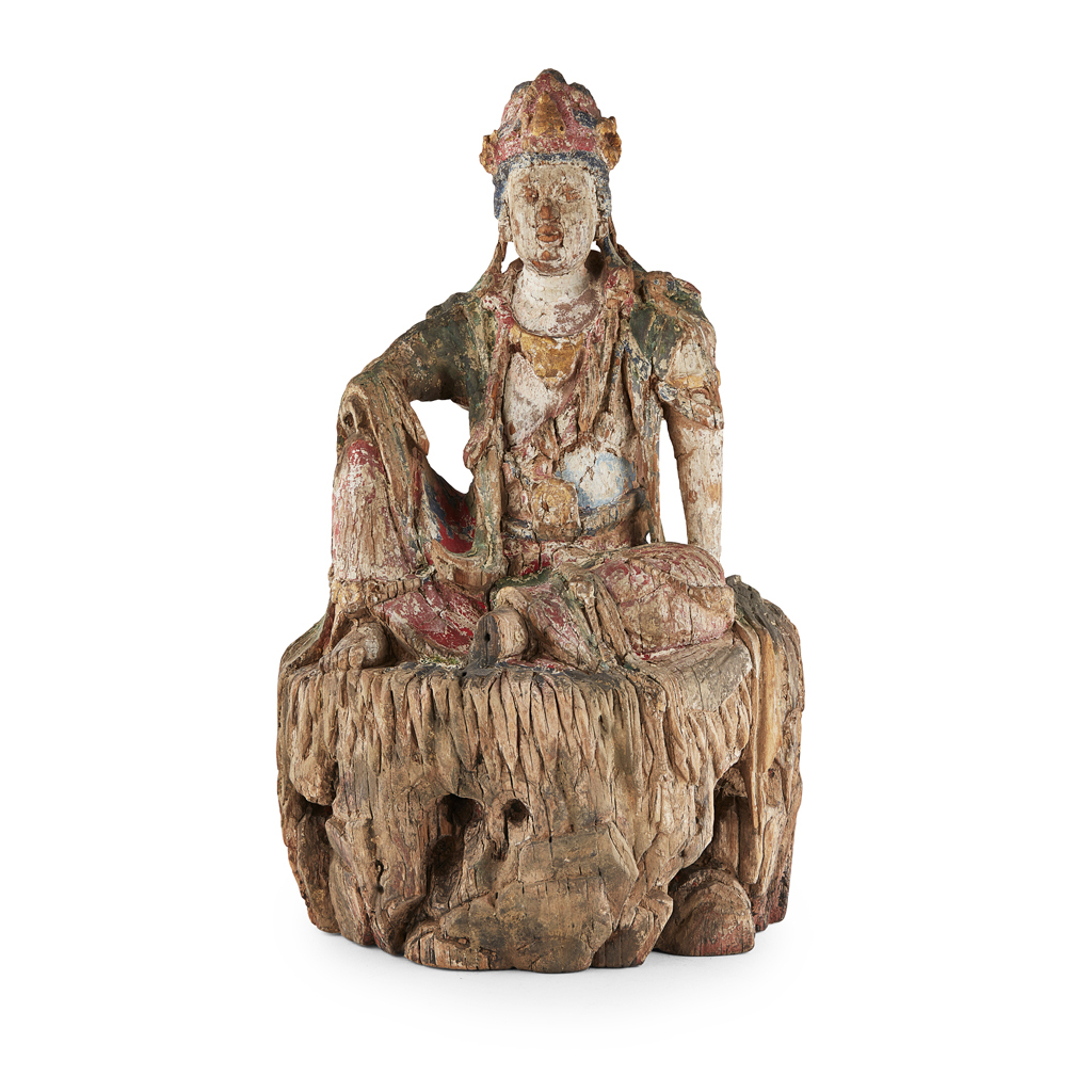 Lot 32 - POLYCHROME PAINTED WOOD FIGURE OF SEATED GUANYIN