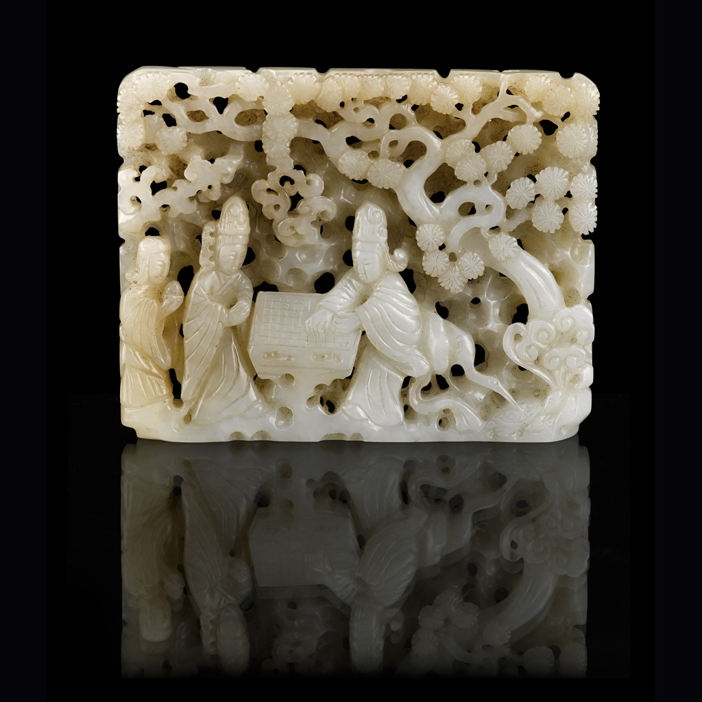 Lot 49 - RETICULATED WHITE JADE FIGURAL PLAQUE