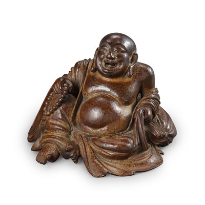Lot 24 - FINE AND RARE CARVED BAMBOO FIGURE OF LAUGHING BUDAI