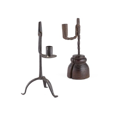 Lot 12 - TWO WROUGHT IRON RUSH LIGHT AND CANDLEHOLDERS