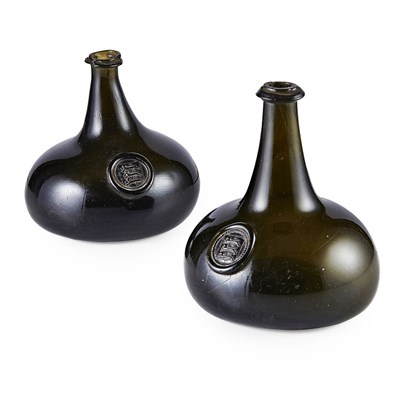 Lot 11 - NEAR PAIR OF OLIVE-GREEN GLASS 'ONION' BOTTLES