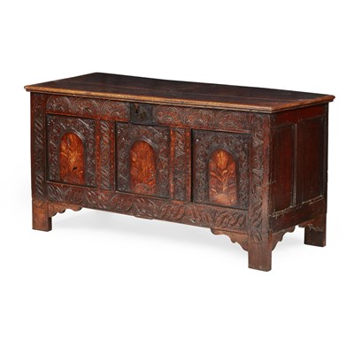 Lot 9 - WILLIAM AND MARY CARVED OAK AND MARQUETRY CHEST