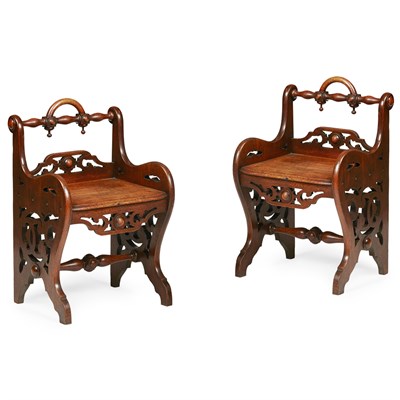 Lot 5 - PAIR OF GOTHIC REVIVAL OAK HALL SEATS